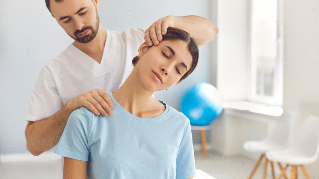 Therapist assisting a woman with shoulder and neck stretch during treatment.