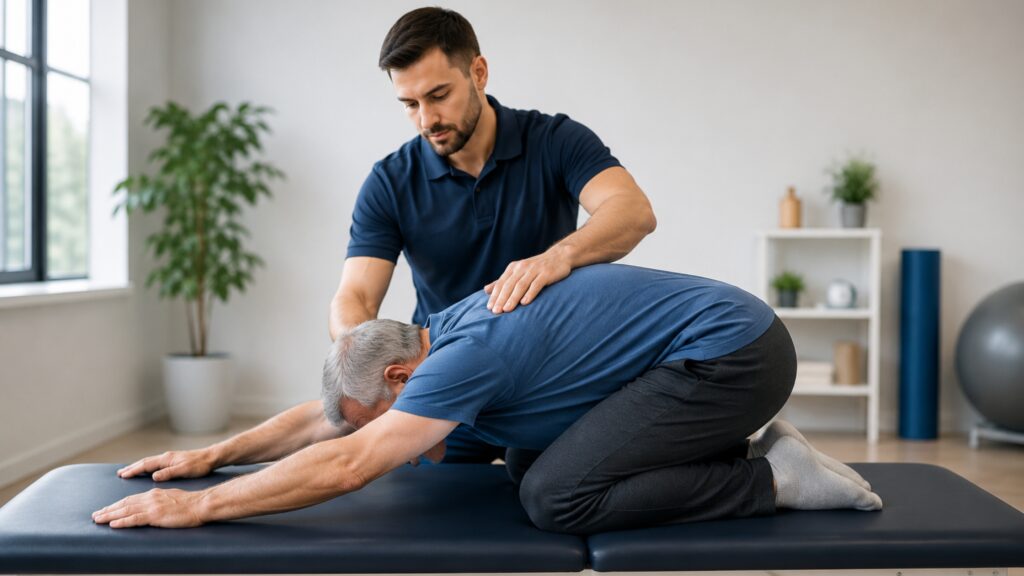 Therapist guides spinal stenosis exercises