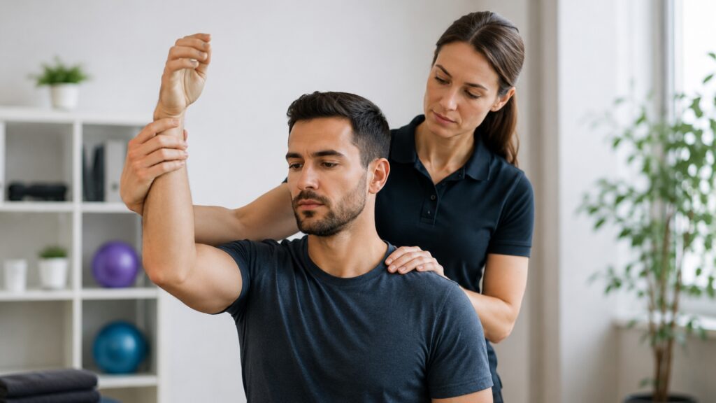 Therapist guides frozen shoulder movement
