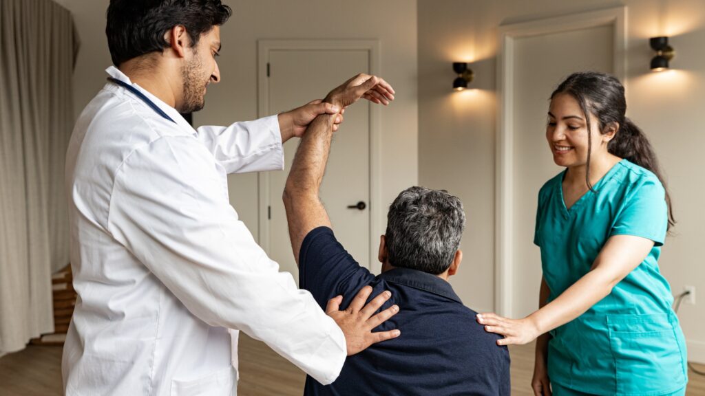 Patient performs shoulder rehab exercise
