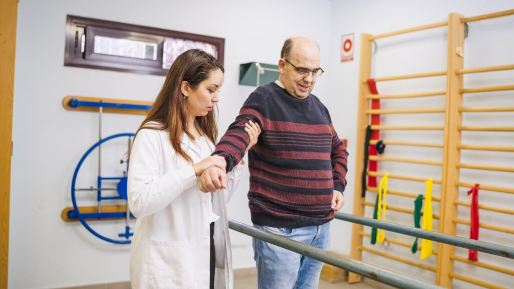 Patient practicing vestibular balance rehabilitation