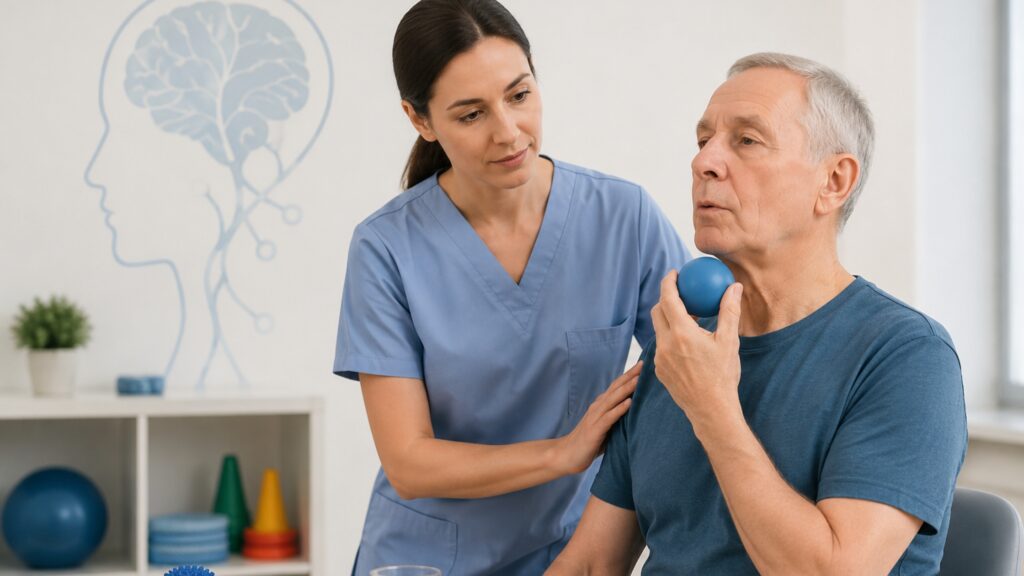 Therapist guiding neurological rehab exercises